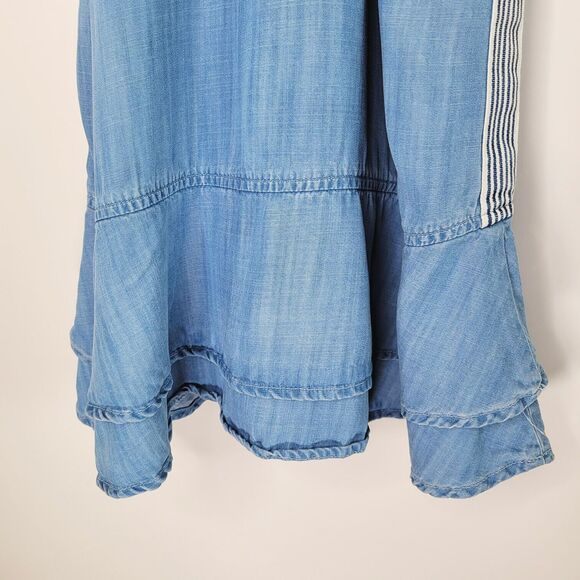 BELLA DAHL Blue Chambray Dress Size L Side-Stripe Racerback Flounce V-Neck - Picture 9 of 15